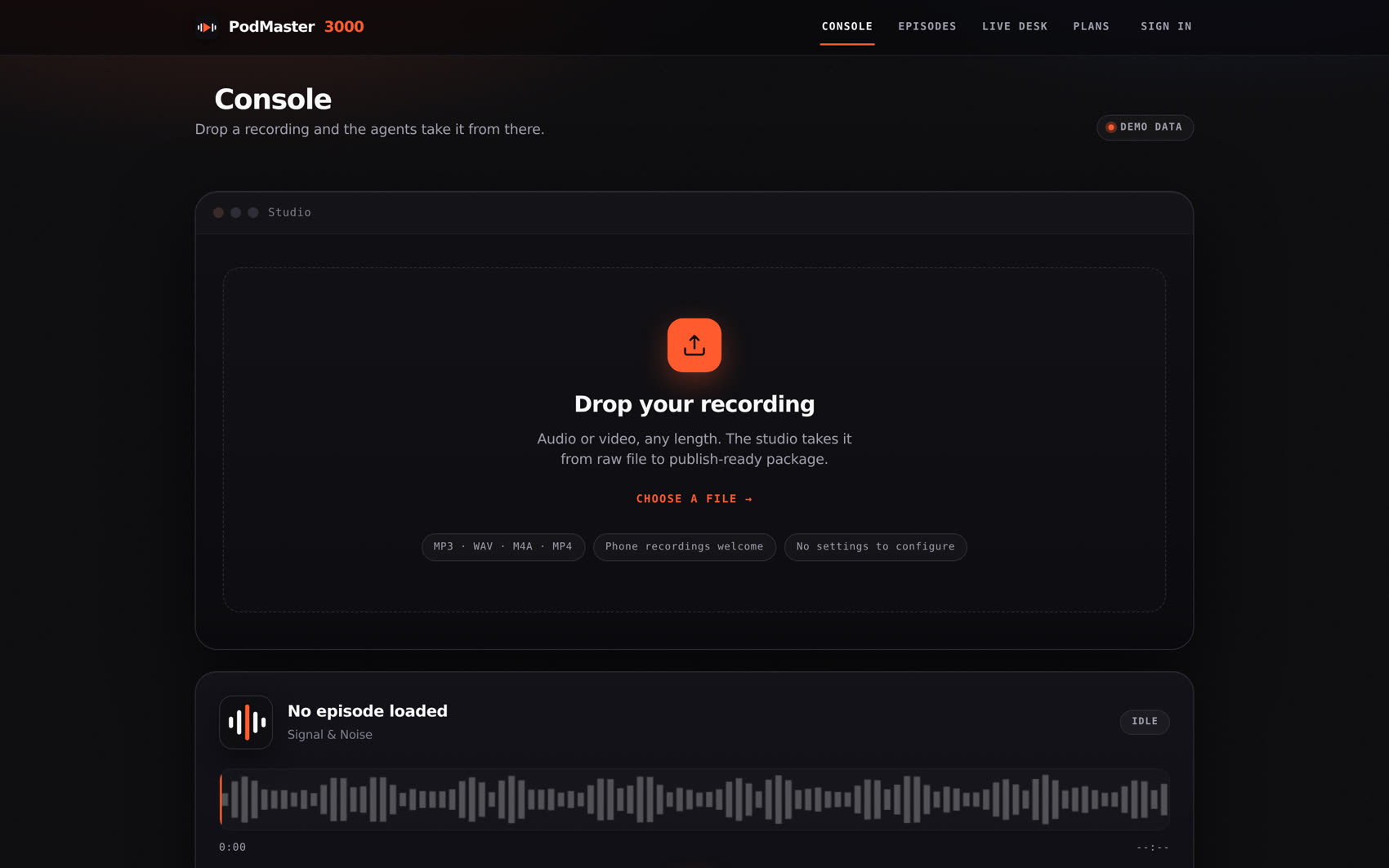 PodMaster3000 studio console — drag-and-drop upload with pipeline status and episode player